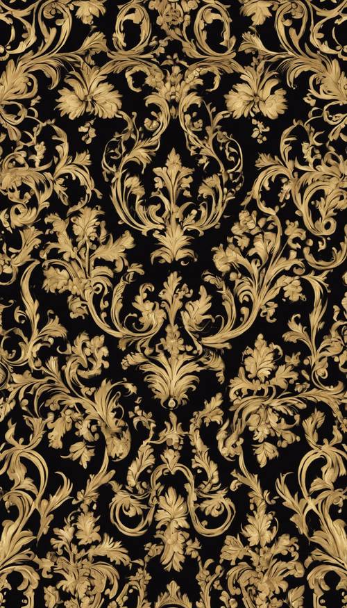 A Baroque style wallpaper pattern in gold and black colors.