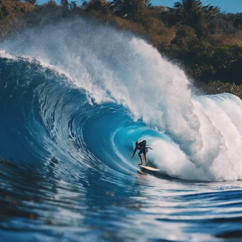 Vue à la première personne du surf sur une gigantesque vague bleu cobalt