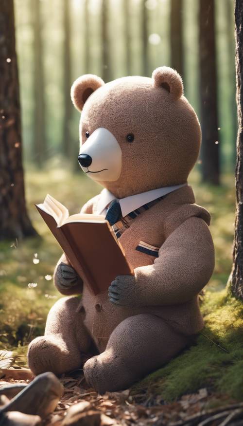 Ein Kawaii-Bär in adretter Kleidung, der im Frühling in einem Wald ein Buch liest