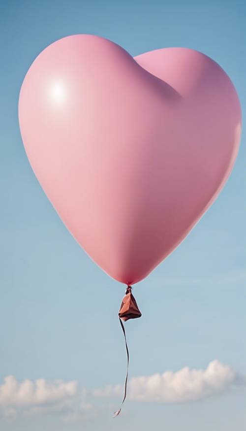 A baby pink heart-shaped balloon floating in the cloudless blue sky.