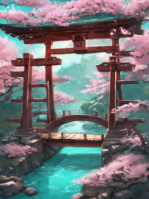 这是一张令人惊叹的樱花主题游戏地图的详细图像，其中有桥梁和鸟居门，并以绿松石色的灯光点缀。