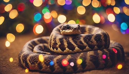 Christmas in the desert with a rattlesnake wrapped in colourful fairy lights enjoying the holiday cheer.