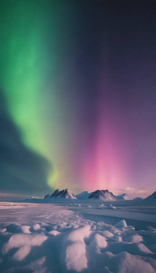 Northern lights appearing in the Arctic, displaying rainbow colors.
