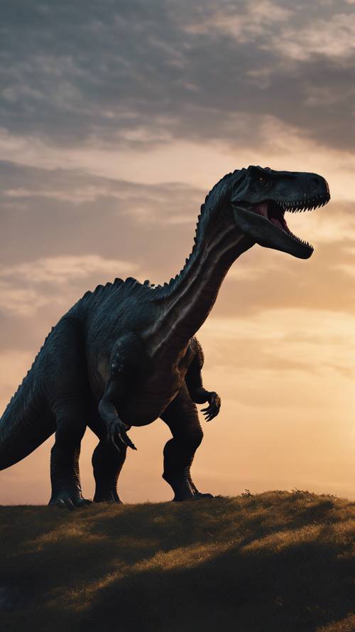 צללית של דינוזאור גדול בשקיעה, עומד על גבעה המשקיפה על האוקיינוס.
