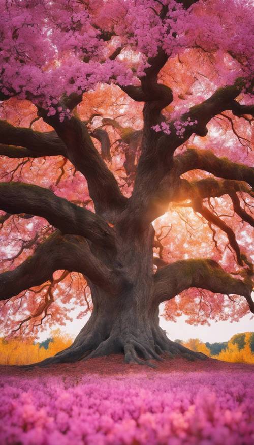 Uzun boylu duran, canlı ve titreşimli pembe ve turuncu bir aura yayan görkemli bir ağacın çarpıcı görüntüsü.