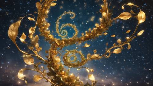 Um imponente pé de feijão mágico espiralando em um céu estrelado, com folhas douradas e feijões iridescentes.