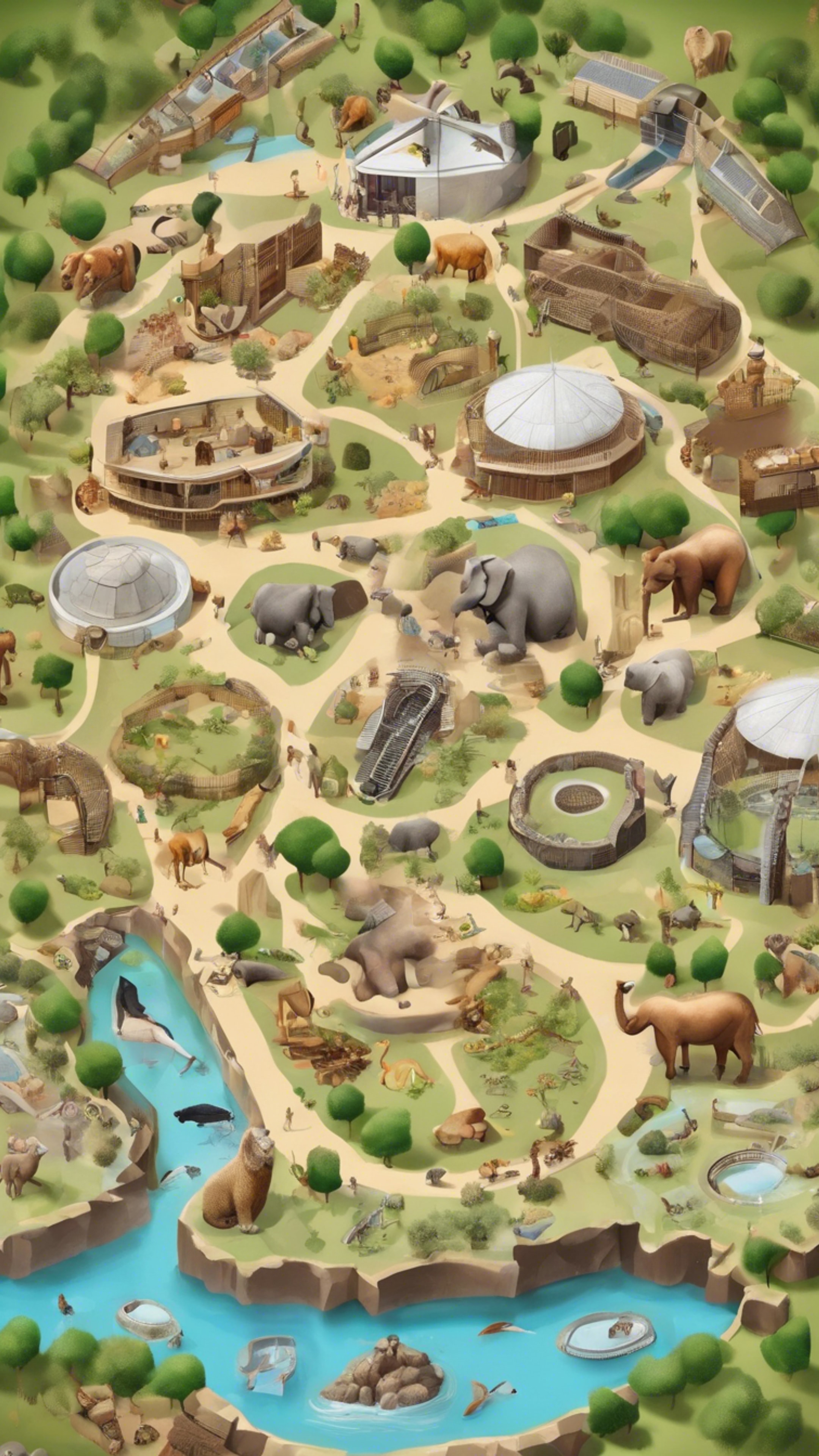 A graphic map of a zoo, with different animal enclosures, food stalls and amenities. Tapetai[7d3ed7eed3f244f7a17f]