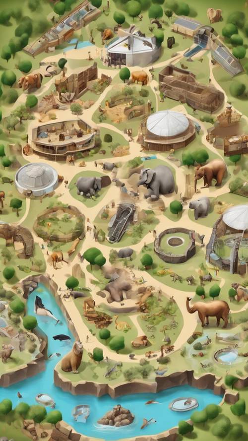 Un mapa gráfico de un zoológico, con diferentes recintos para animales, puestos de comida y comodidades.