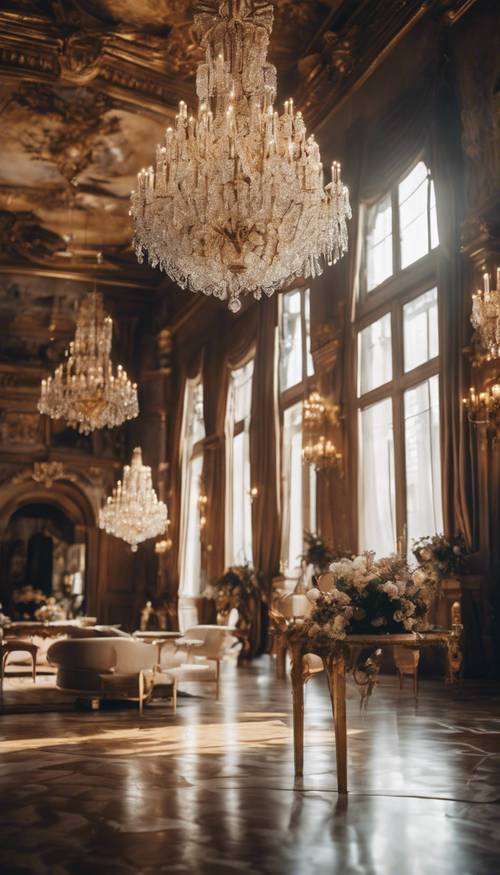 A luxurious room in a castle with high ceilings, sparkling chandeliers, and golden accents everywhere.