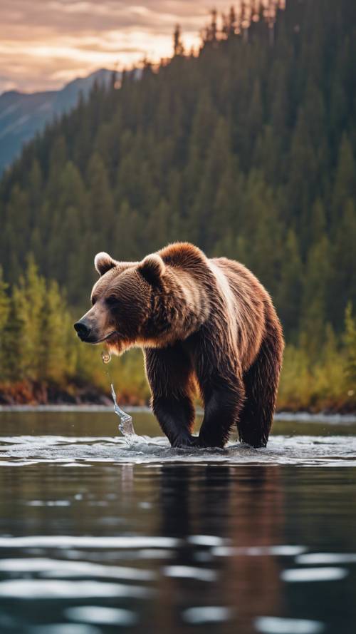 Um urso pardo pescando tranquilamente em um rio turbulento do Alasca durante um lindo nascer do sol.