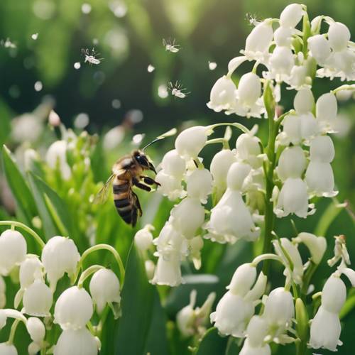An assortment of bees pleasantly buzzing around a patch of Lily of the Valley flowers.