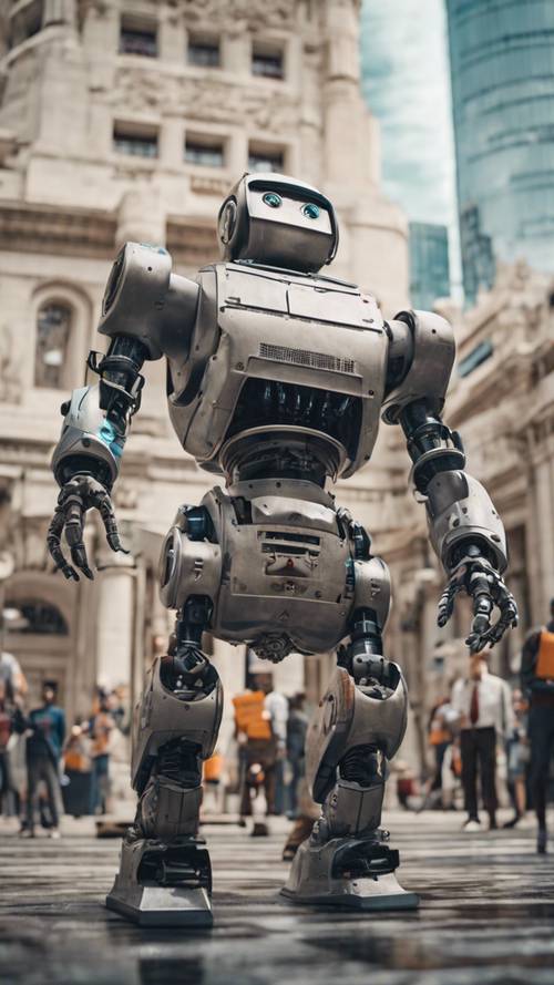 Fütüristik bir belediye binasının önünde haklarını barışçıl bir şekilde protesto eden bir grup robot.