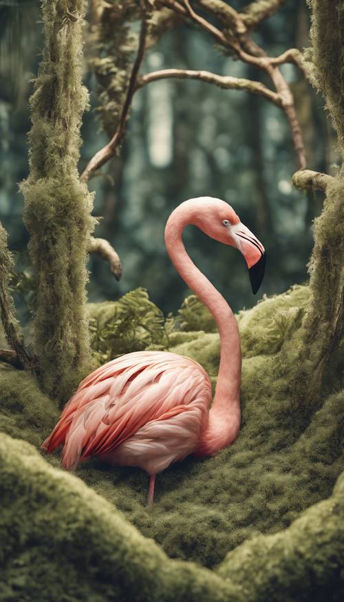 Yosun kaplı ağaçlardan oluşan bir koruda yuva yapan bir flamingo, vintage bir çizim tarzında resmedilmiştir.