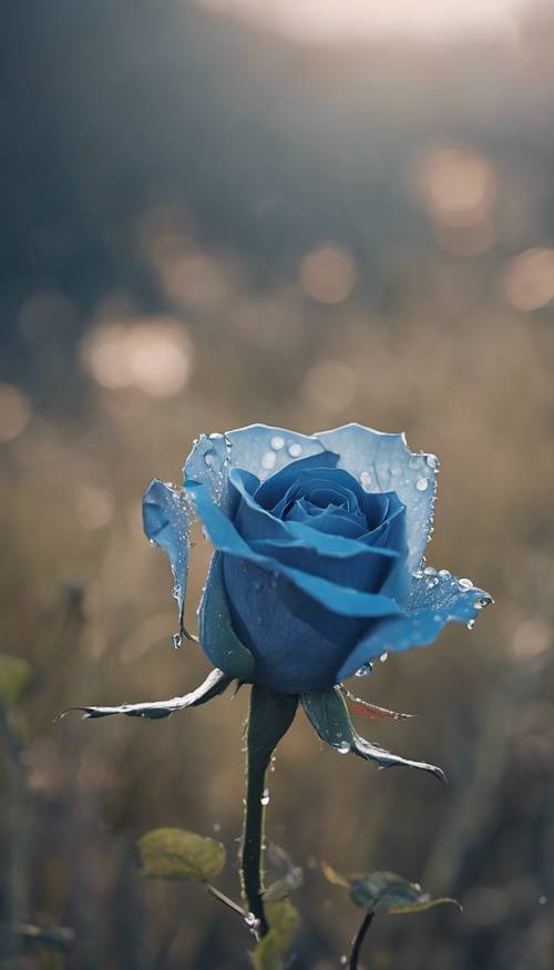 一朵蓝玫瑰在清晨的露珠中绽放。