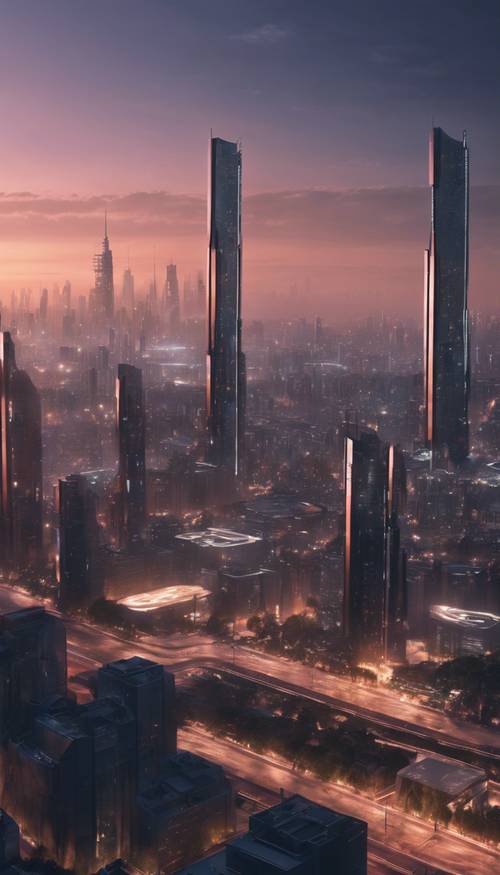 Distant view of a futuristic city skyrise gleaming under the twilight.