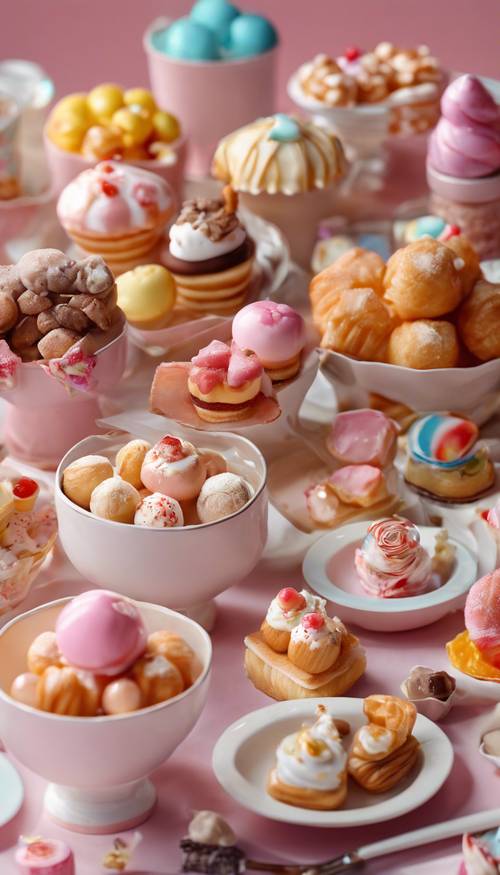 Una mesa llena de lindas comidas en miniatura: pasteles, helados y dulces, que irradian vibraciones kawaii.