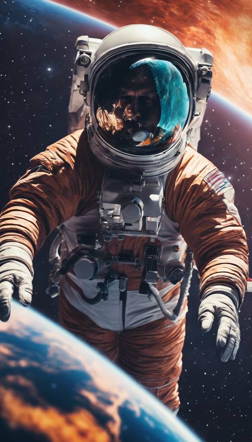A vibrant depiction of an old-fashioned astronaut floating in space.