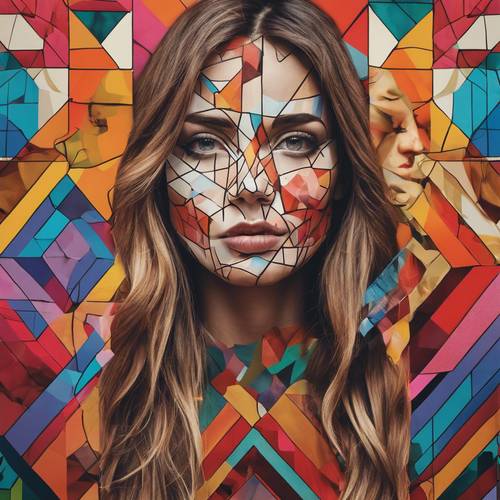 A mural of a woman's face overlaid with geometric patterns in bold colors