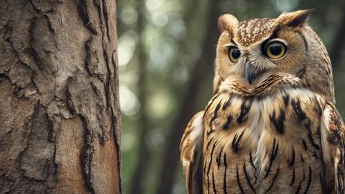 Il ritratto di un gufo saggio appollaiato su un albero con le parole &quot;La felicità è fatta a mano&quot; incise con delicatezza sulla corteccia.