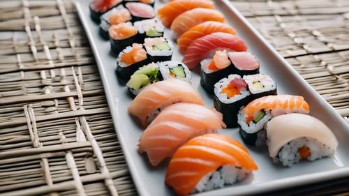 Une représentation minimaliste d&#39;un plateau de sushi, privilégiant les formes simples et les contrastes de couleurs.