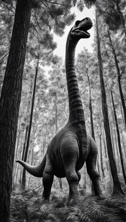 A black and white artistic interpretation of a Brachiosaurus moving heavy and grand among the towering Jurassic trees. Divar kağızı [cc7e35eeab584a6bafea]