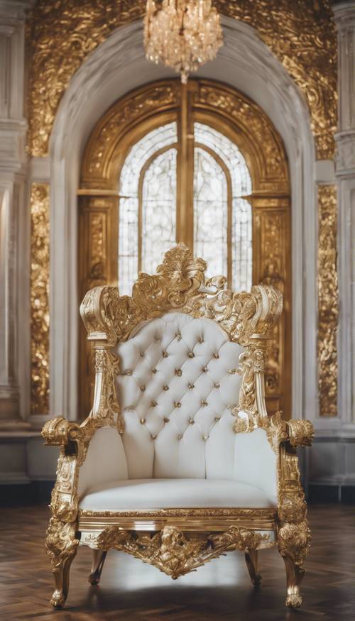 A white and gold ornate royal throne in an old castle