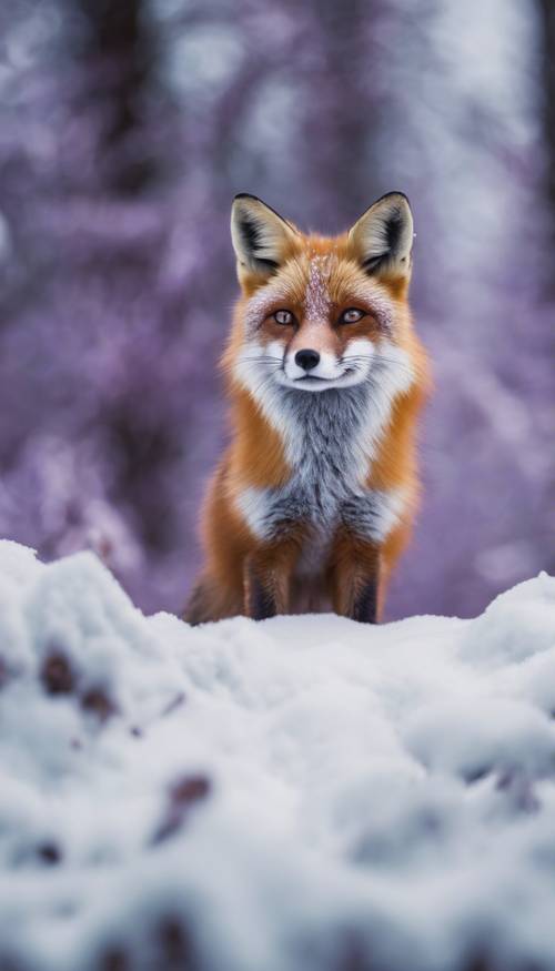 Un zorro morado místico acurrucado en un bosque nevado, con una mirada curiosa en sus ojos.