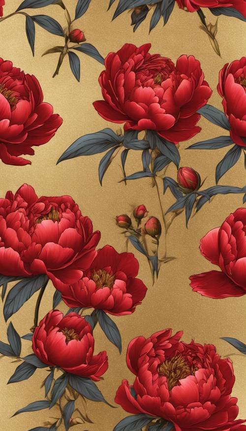 Red peonies set against a vibrant gold background arranged in a seamless pattern. Tapet [8e5dc6c422d142f8bd32]