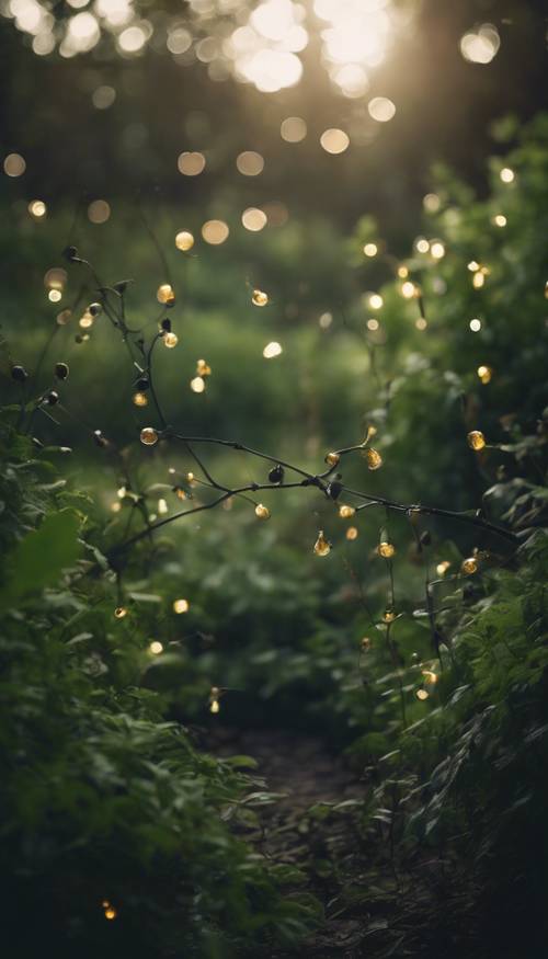 Um jardim sombrio e sombrio ao entardecer, com vaga-lumes brilhando suavemente entre a vegetação verde profunda.