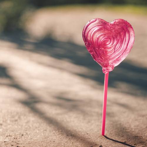 A pink heart-shaped lollipop melting in summer sunshine.