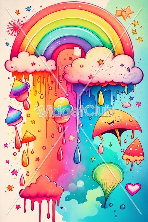 Arte colorida de arco-íris e nuvens sorridentes