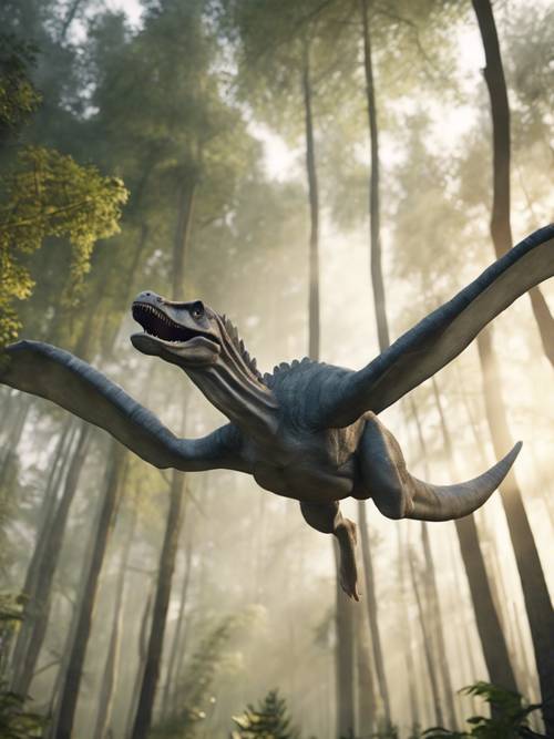 Um dinossauro cinza voador voando acima de uma floresta densa à luz da manhã.