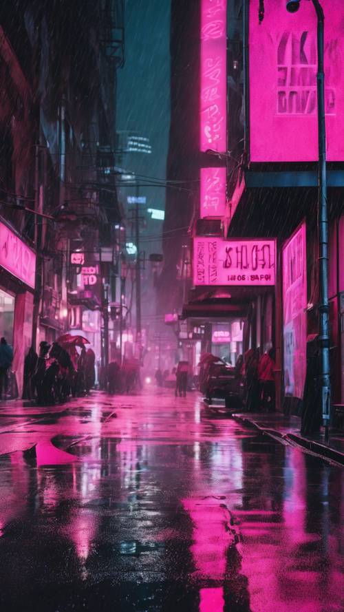 Trafficata strada cittadina illuminata da insegne al neon rosa e nere Y2K, che si riflettono su un marciapiede inzuppato di pioggia.