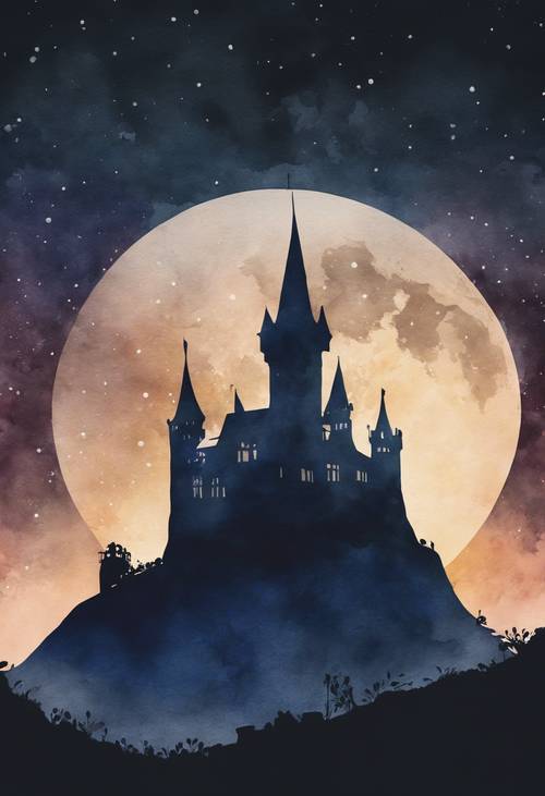 Силуэт темного замка на холме, изображенный акварелью на фоне лунного неба.
