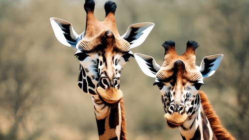 Two playful giraffes entwining their necks in a loving gesture.