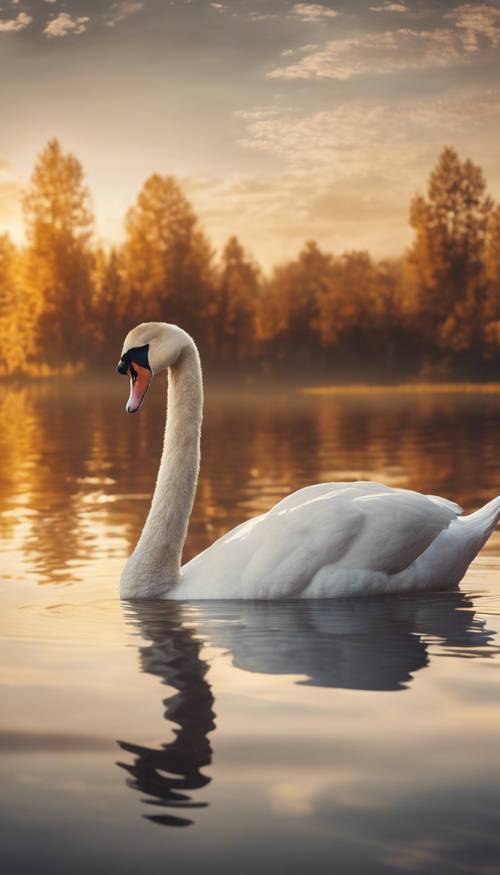 부드러운 저녁 빛 동안 황금빛 연못에서 아름다운 하얀 백조가 헤엄치고 있습니다.
