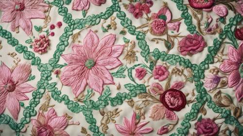 An overhead shot of a Victorian floral tablecloth, ornate and vibrant with pink and green embroidery.