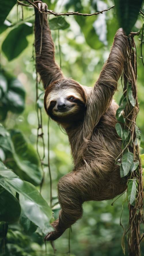 A sloth hanging lazily on a vine in the dense green jungle during a sunny day.