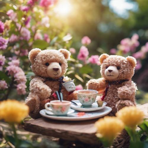 Un grupo de osos de peluche tomando un té, con tazas en miniatura de colorido té boba, sobre el fondo de un soleado jardín repleto de flores.