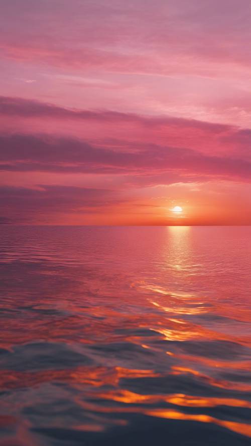 핑크색과 오렌지색 색조가 물에 반사되는 잔잔한 바다 위의 생동감 넘치는 일몰입니다.