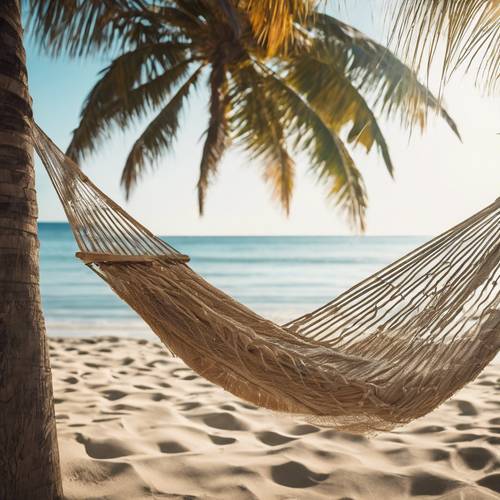 两棵棕榈树之间系着一张吊床，让人在平静的海滩上放松身心。
