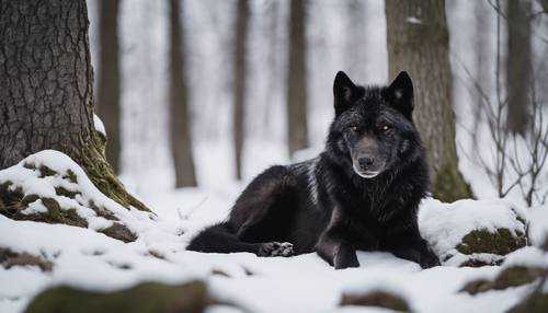 An elegant black wolf with a single big white patch, peacefully sleeping along the tree line.