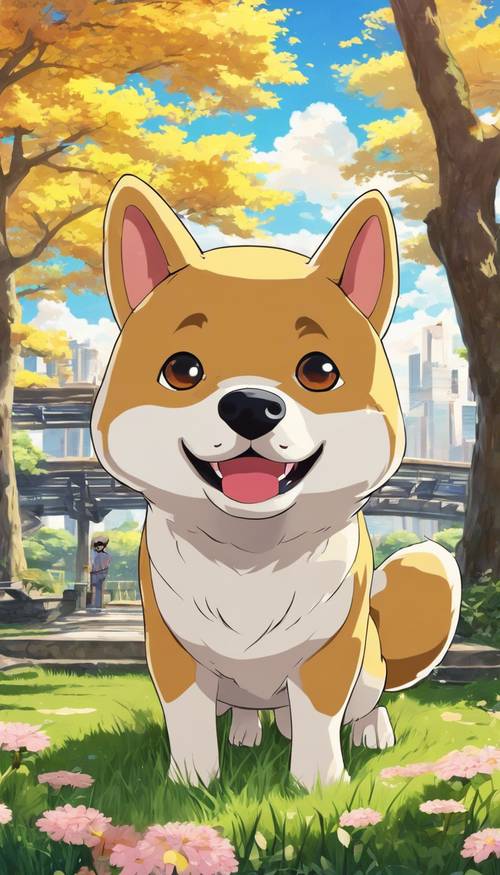A Shiba Inu with large anime eyes, standing in a sunny Japanese park.