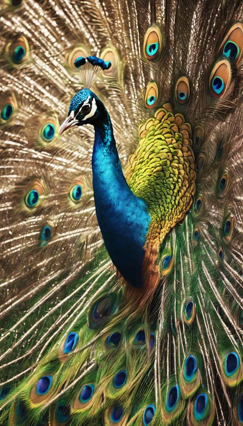An enchanting peacock mid-dance, displaying its iridescent plumage in a bright sunny day.