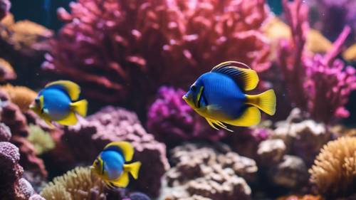 Un grupo de peces tropicales multicolores nadando entre vibrantes arrecifes de coral.