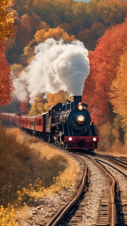 Lokomotif uap yang gembira, melaju dengan riang di sepanjang rel kereta api melalui pemandangan musim gugur yang semarak.