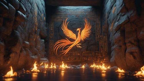 นกฟีนิกซ์พ่นไฟเข้าไปในถ้ำอันมืดมิด โดยส่องแสงอักษรอียิปต์โบราณที่สลักอยู่บนผนังหิน