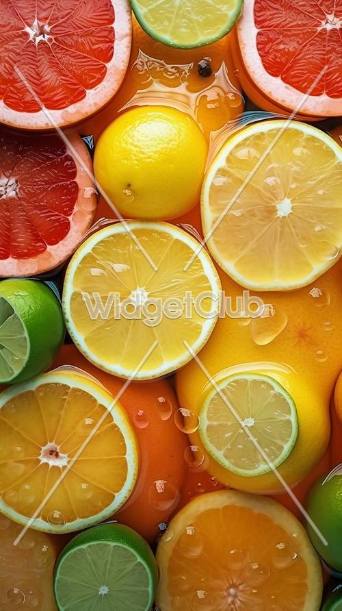 Fatias de frutas cítricas coloridas com gotas de água