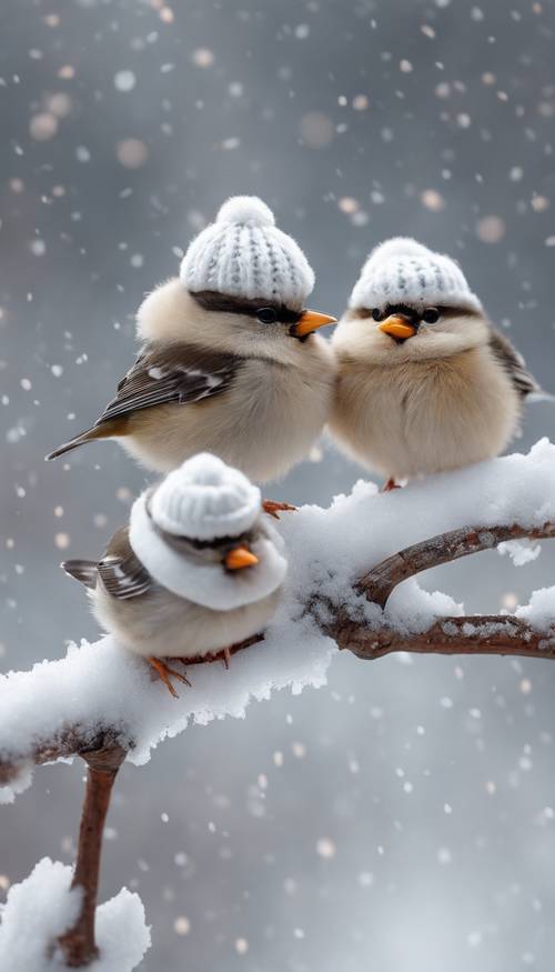 Three tiny birds wearing cute winter hats, huddling together on a snow-covered branch.