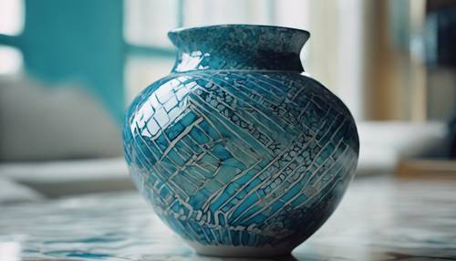 Bold, funky patterns in hues of blue and teal on a ceramic vase.